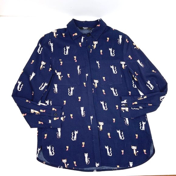 Whimsical Cat Print Navy Button Down Rayon/Viscose Shirt Blouse Sz M - Picture 12 of 16